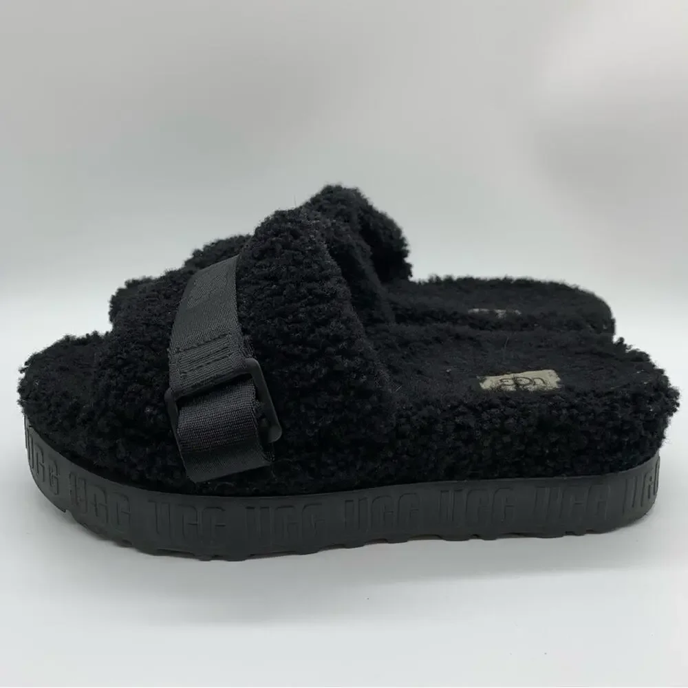 UGG Fluffita Platform Sheepskin Slipper Black Size 9/9.5 Lounge Travel Fuzzy‎ - Picture 7 of 11